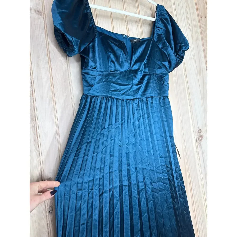 NWT Lulus Flawless Forever Teal Satin Pleated Midi Dress Bridesmaid Gala Size M